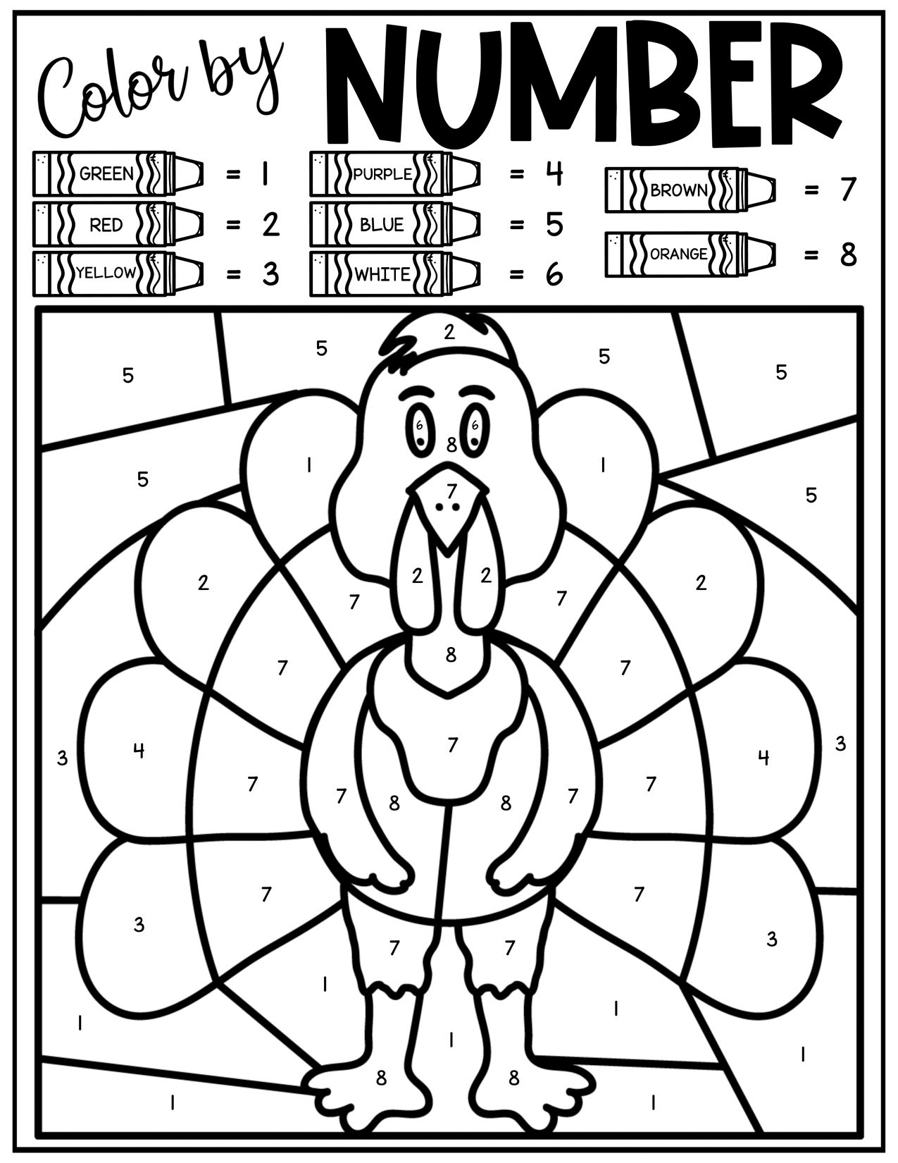 turkey color by number page that's not colored in