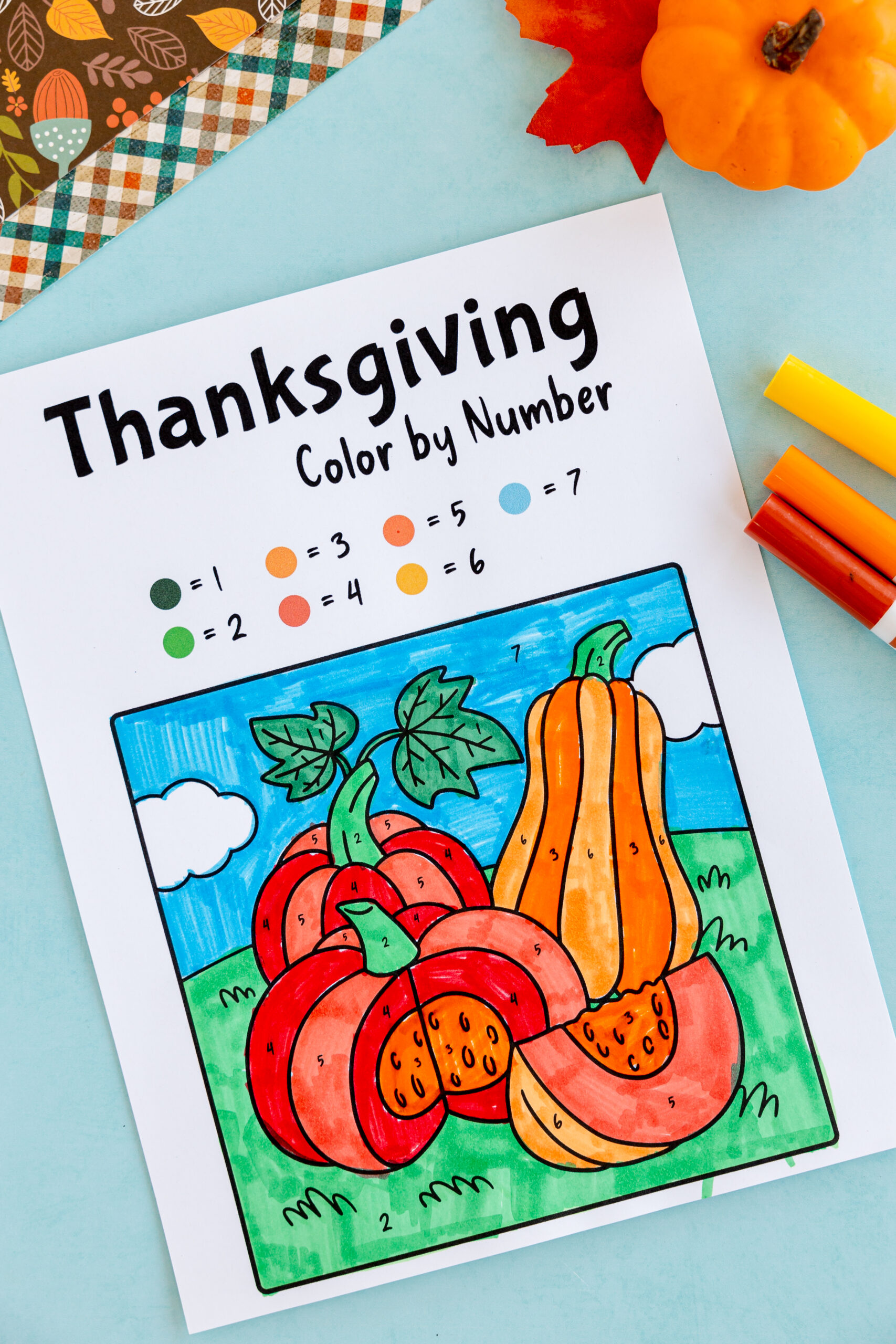 colored in Thanksgiving color by number page