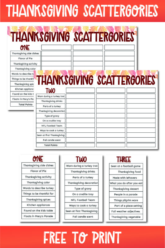 Thanksgiving scattegories boards and category lists