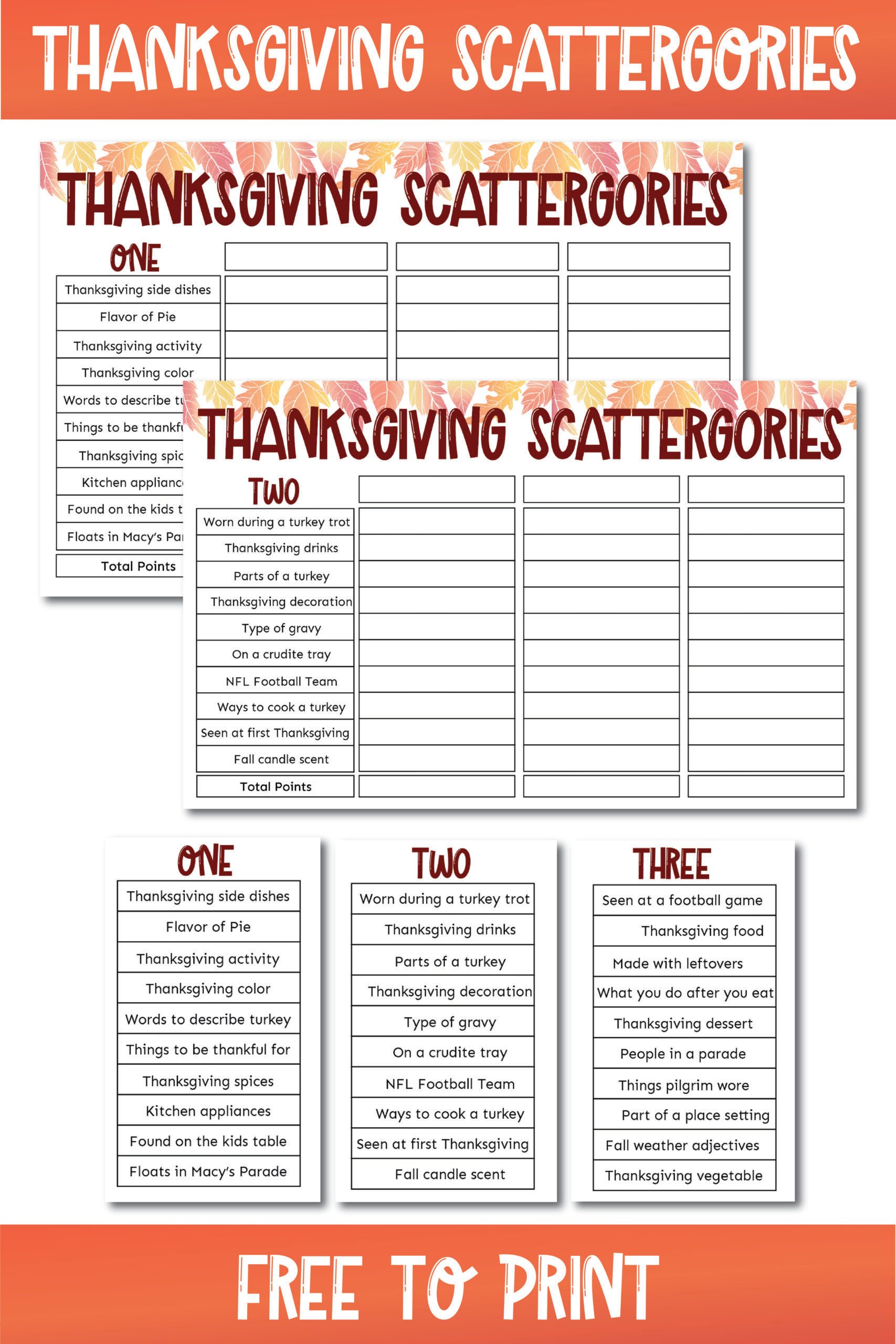 Thanksgiving scattegories boards and category lists