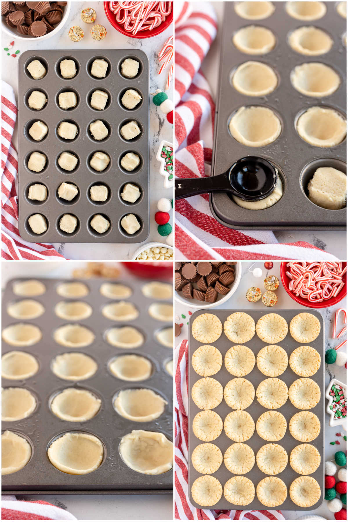 collage of images showing adding sugar cookie cups to mini muffin tins