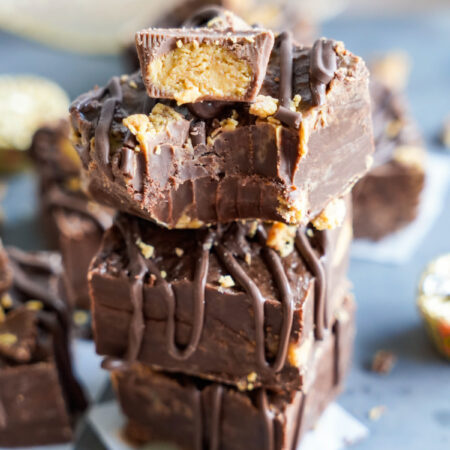 three pieces of no bake peanut butter fudge stacked up