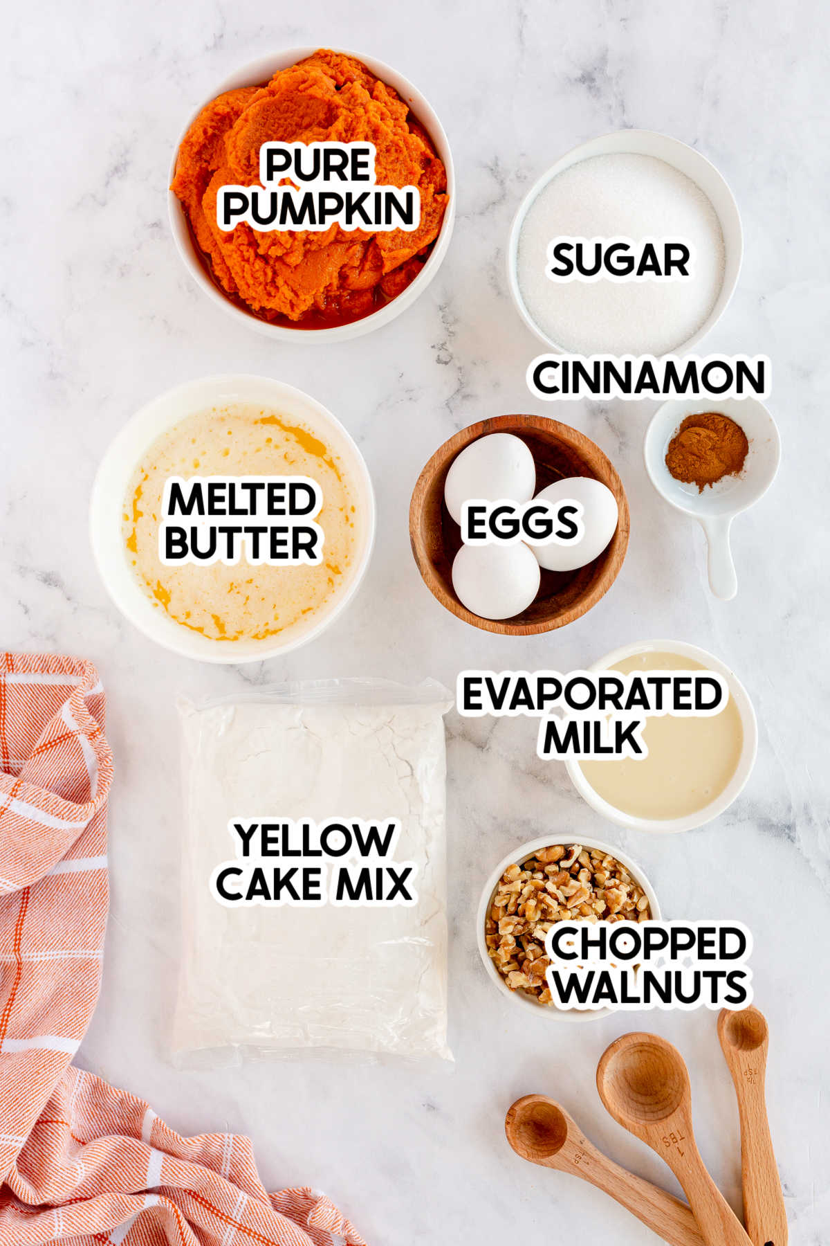 ingredients in pumpkin crunch cake with labels