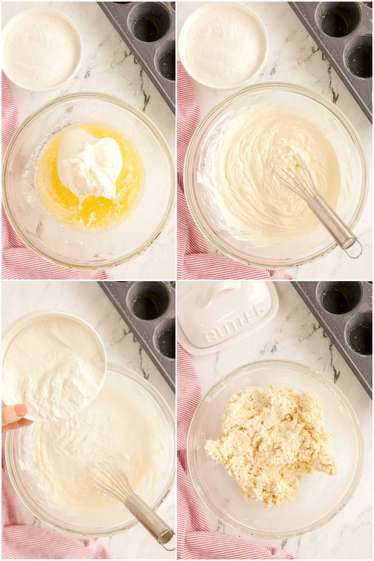 keturi vaizdai, rodantys grietinės biskvito tešlos gaminimą