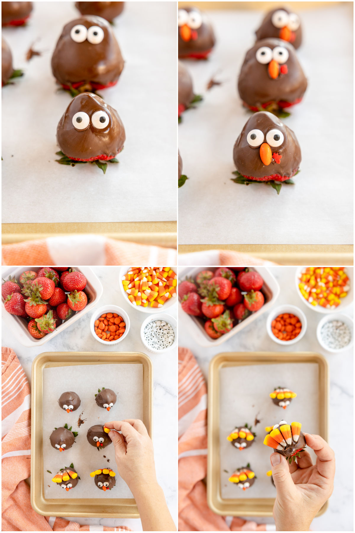 collage of images showing how to make chocolate covered strawberry penguins