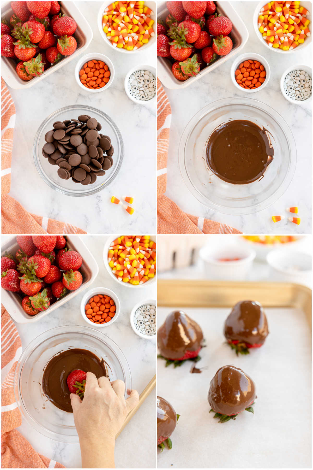collage of images showing dipping strawberries in chocolate