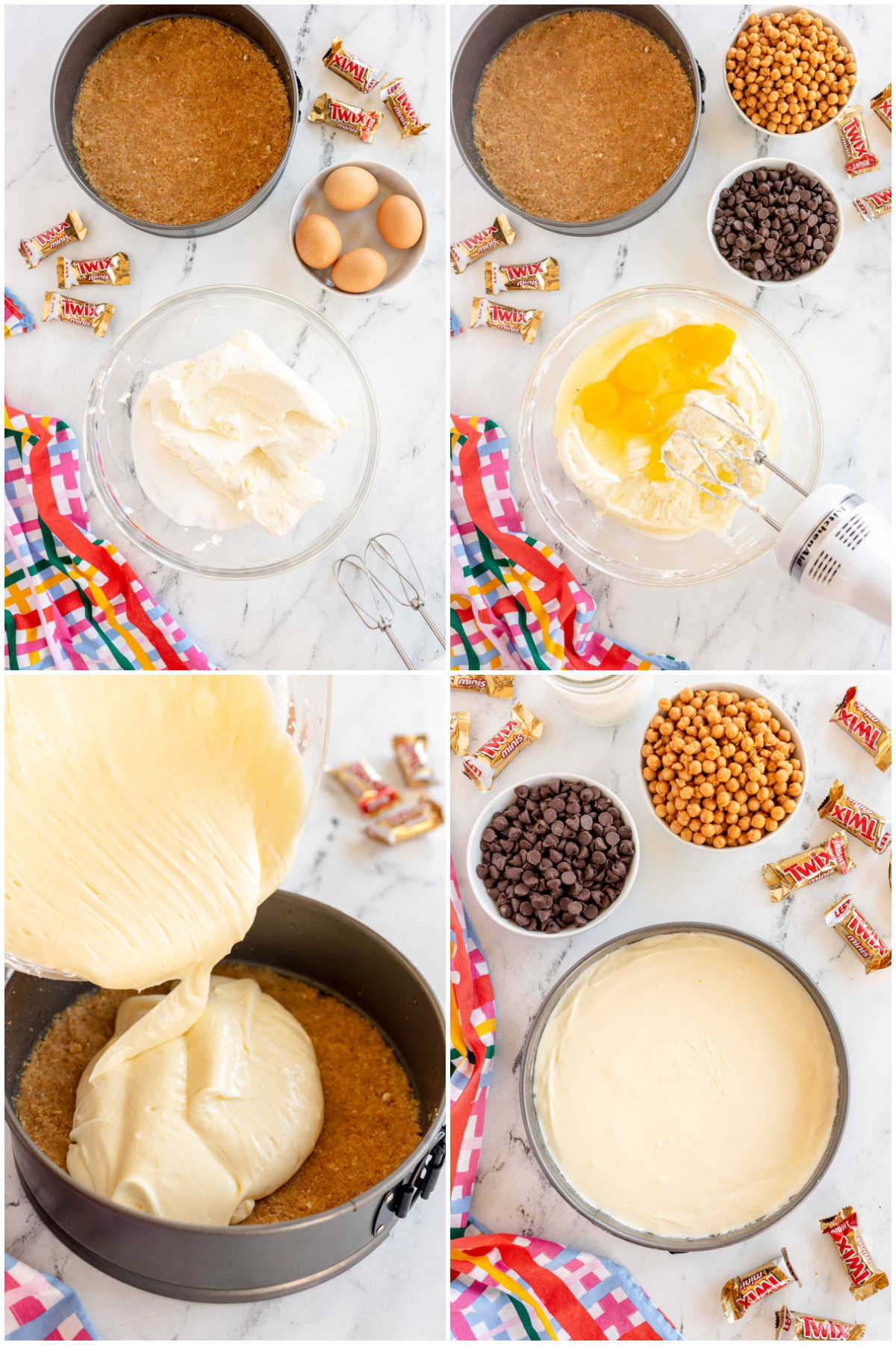 collage showing how to make twix cheesecake batter
