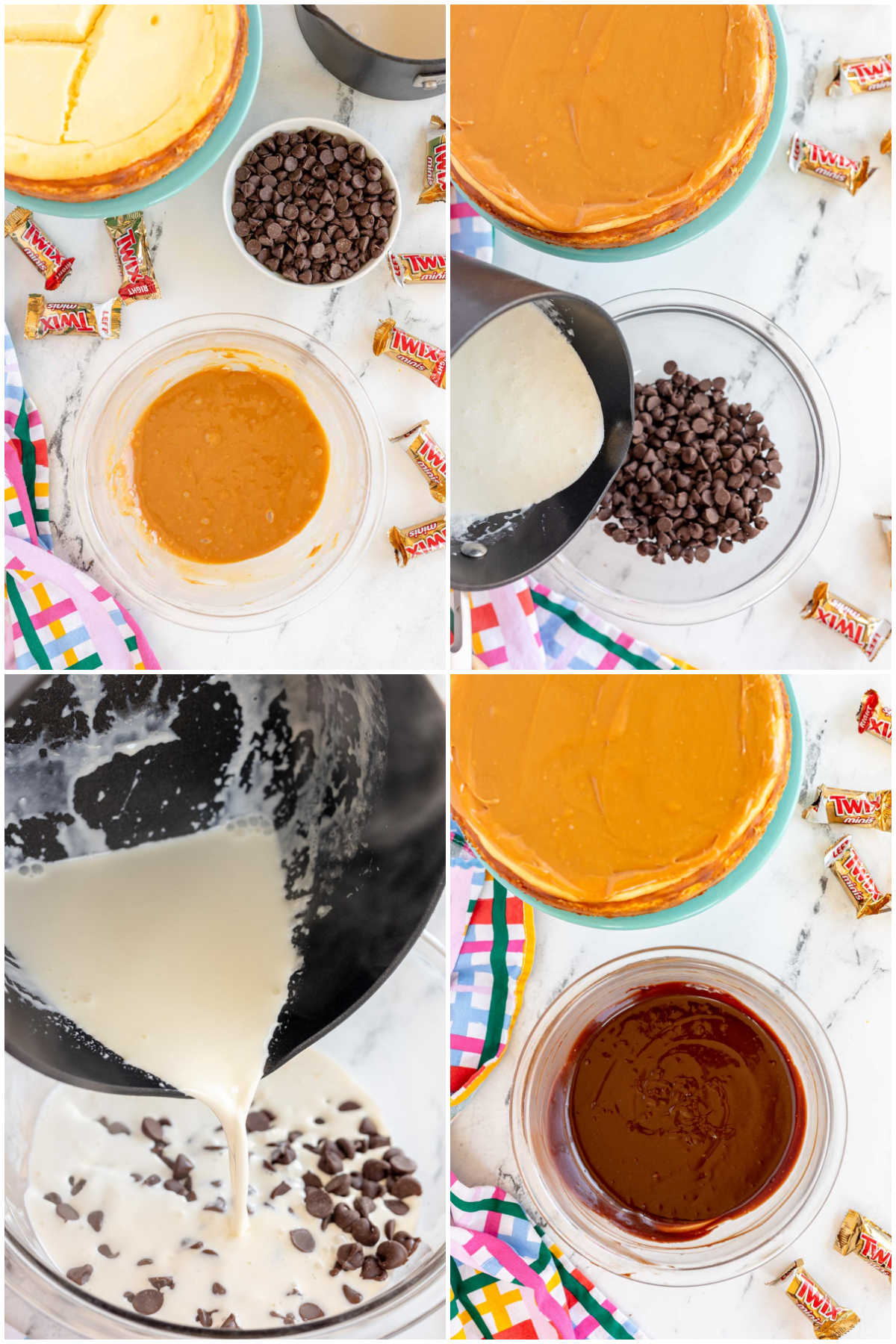 collage showing making toppings for twix cheesecake