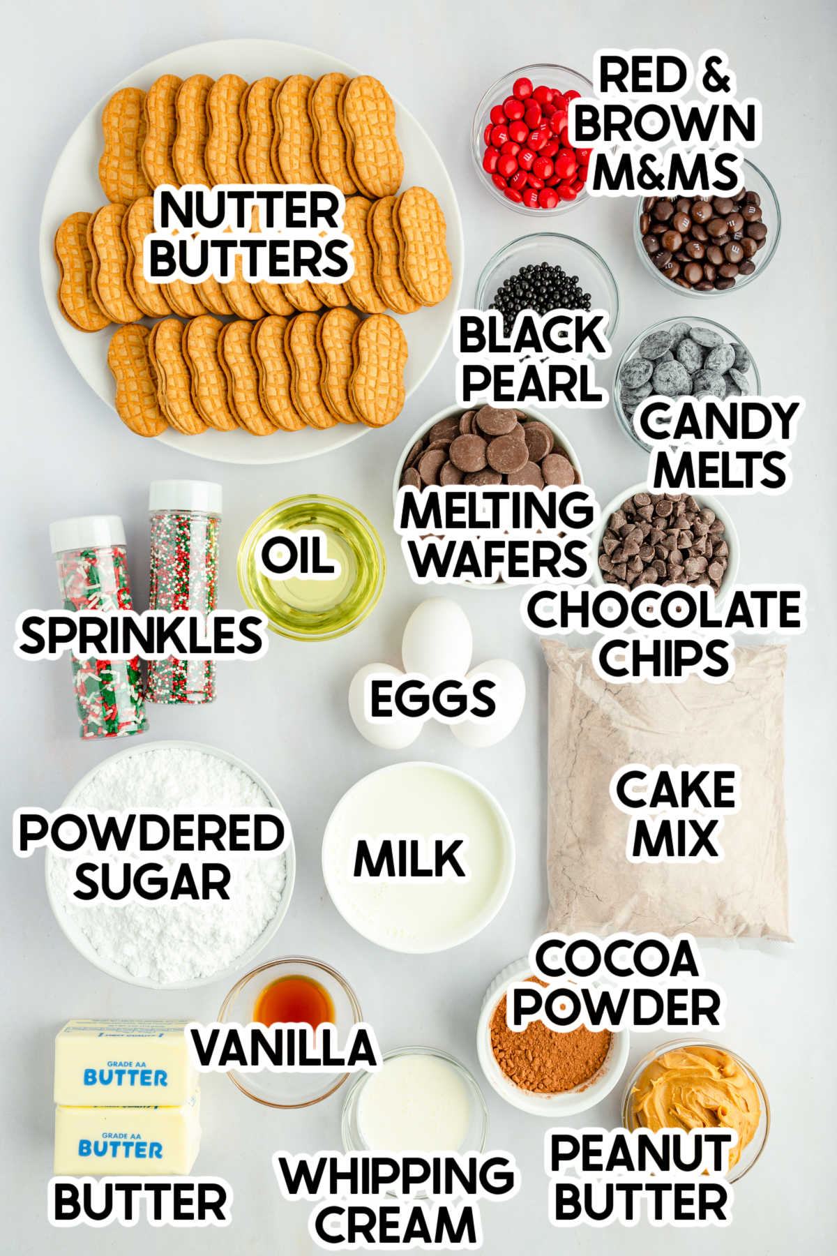 ingredients to make reindeer cupcakes with labels