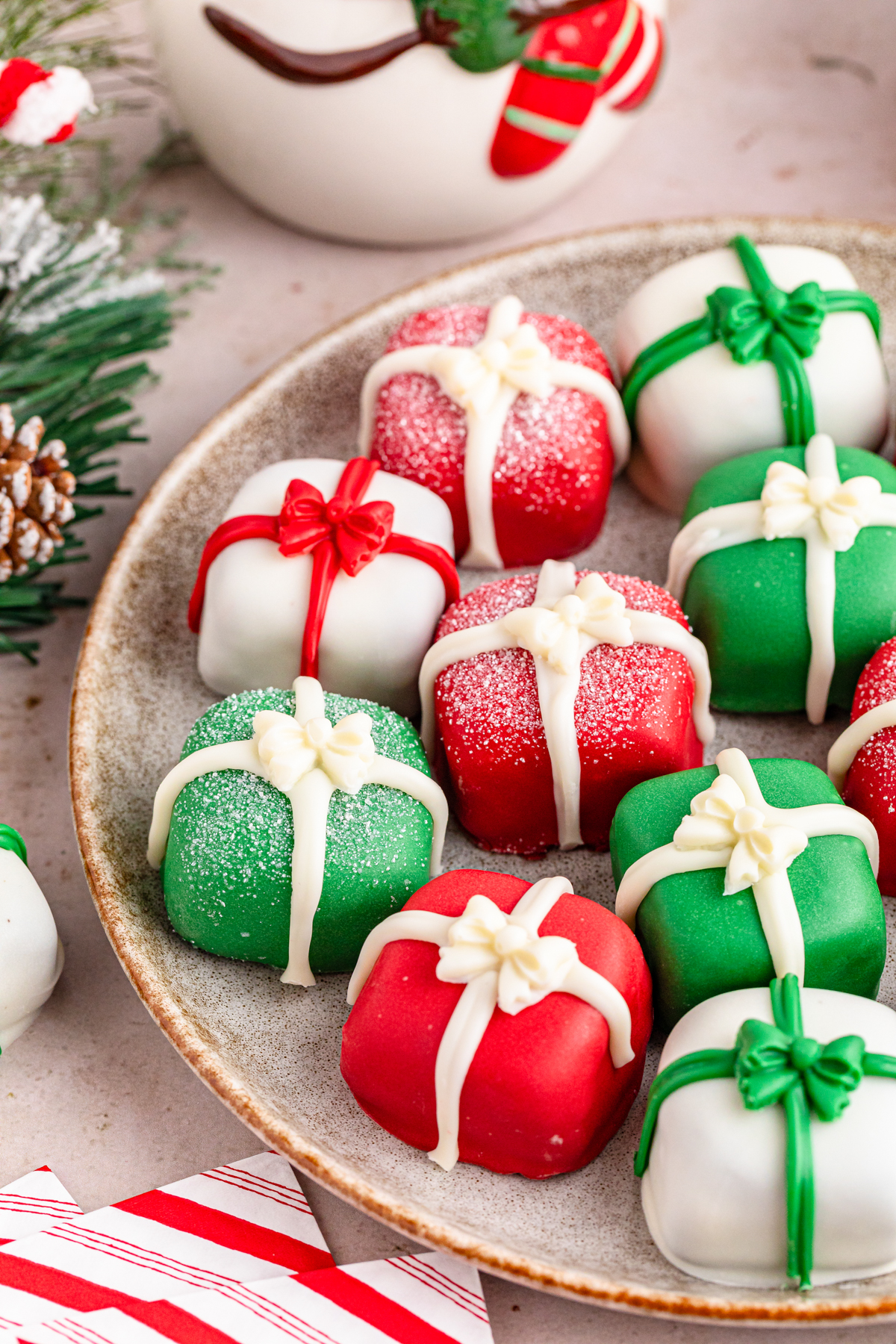 Christmas Oreo balls that look like Christmas presents