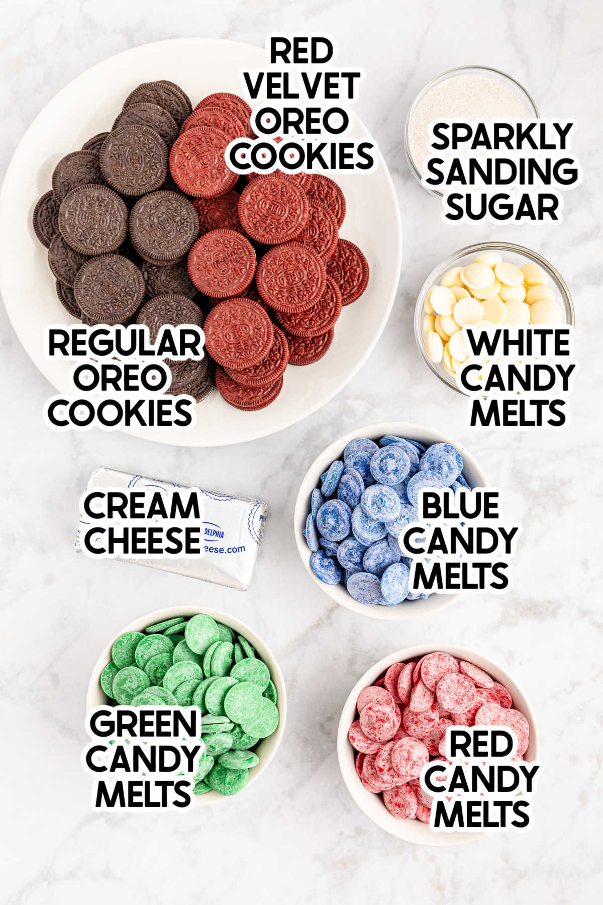 ingredients to make Christmas Oreo balls with labels