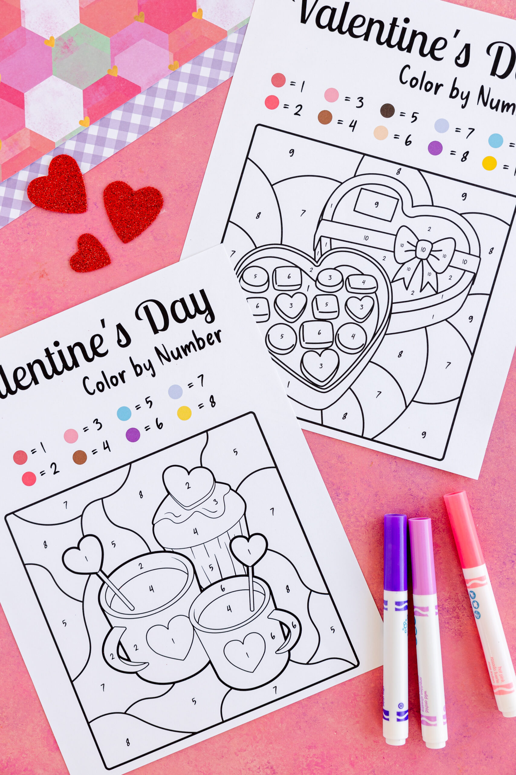 blank color by number pages with various valentine's images