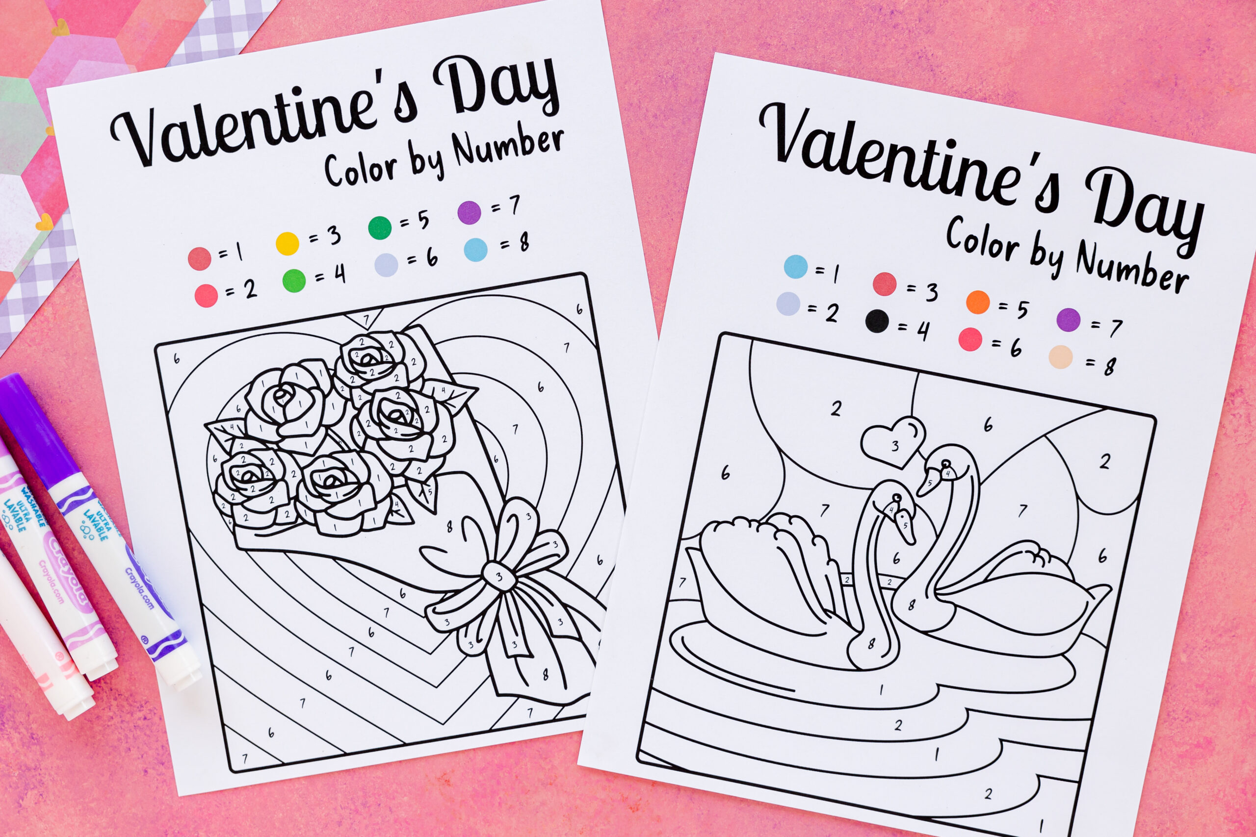 blank color by number printables with rose and swan designs