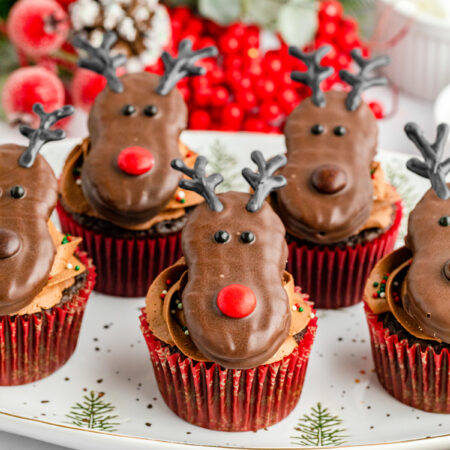 reindeer cupcakes on a white plate