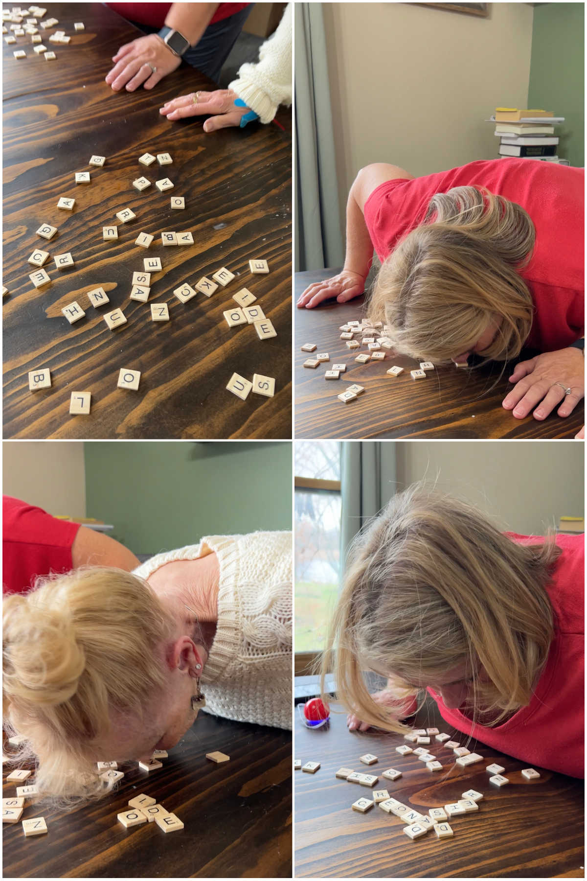 women trying to move Scrabble tiles with their noses