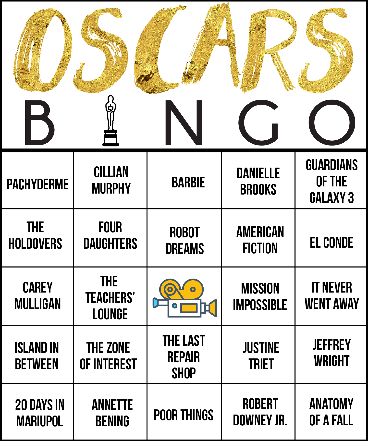 Oscar bingo card for 2024