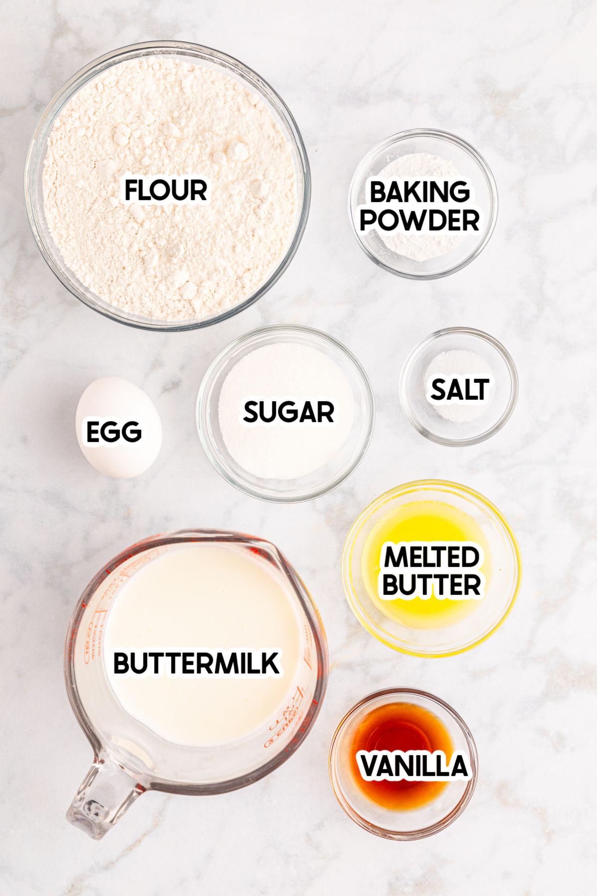ingredients to make mini pancakes with labels