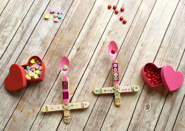 DIY candy catapults with heart stickers