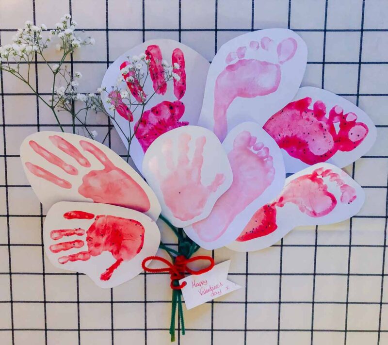 cut out handprint and footprints made into bouquet