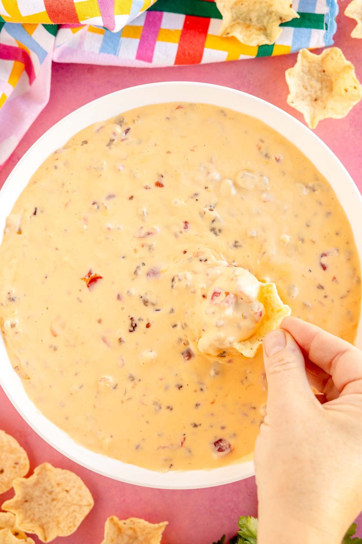 white bowl of velveeta sausage cheese dip 