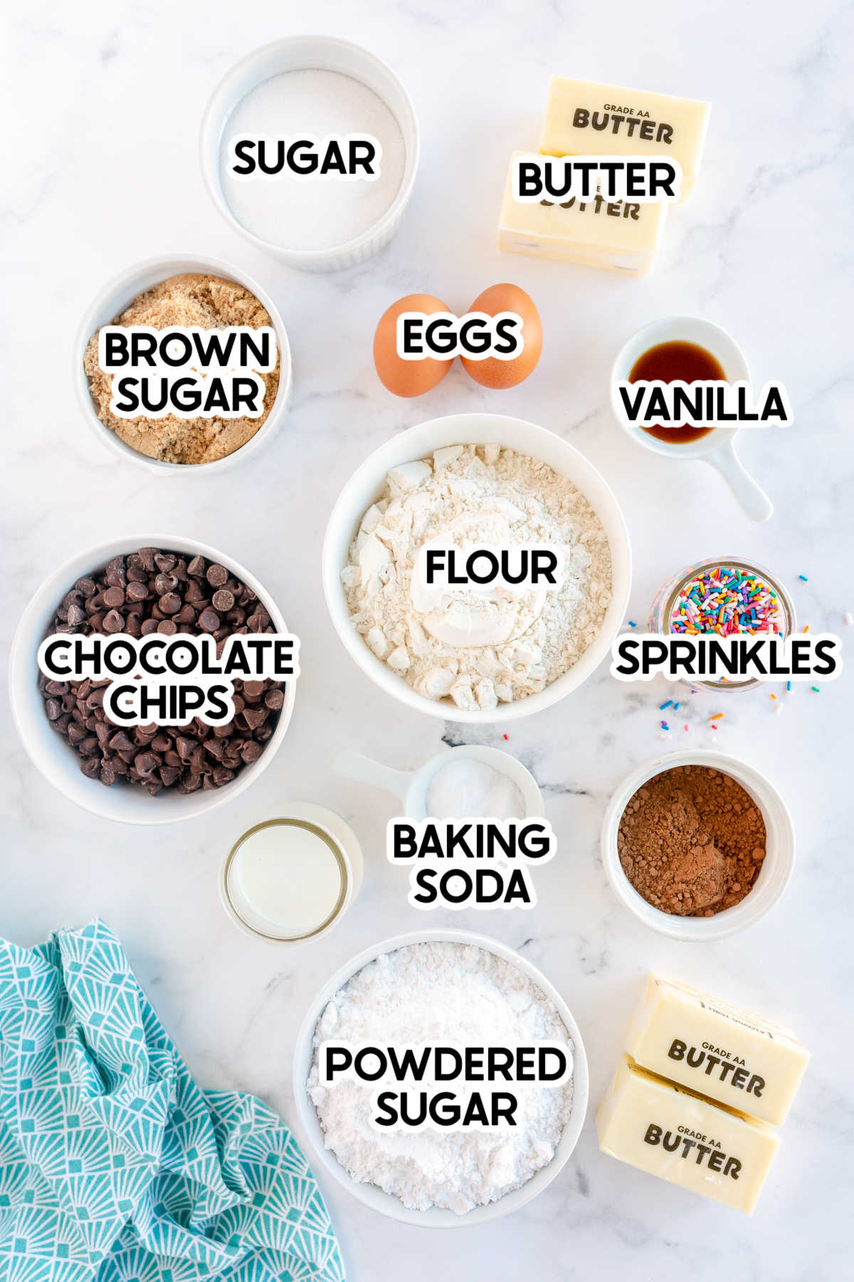 ingredients to make chocolate chip cookie cake with labels
