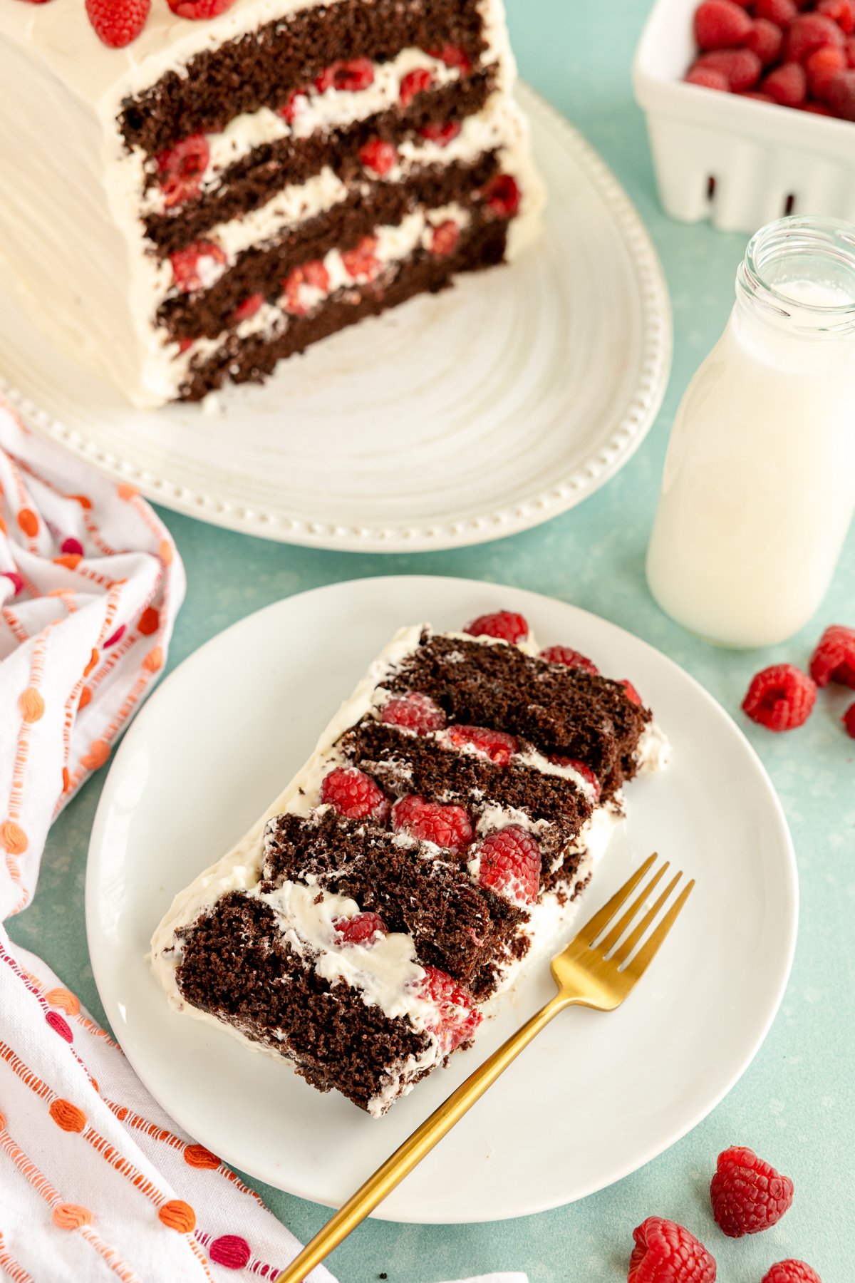 slice of chocolate raspberry cake on a white plate