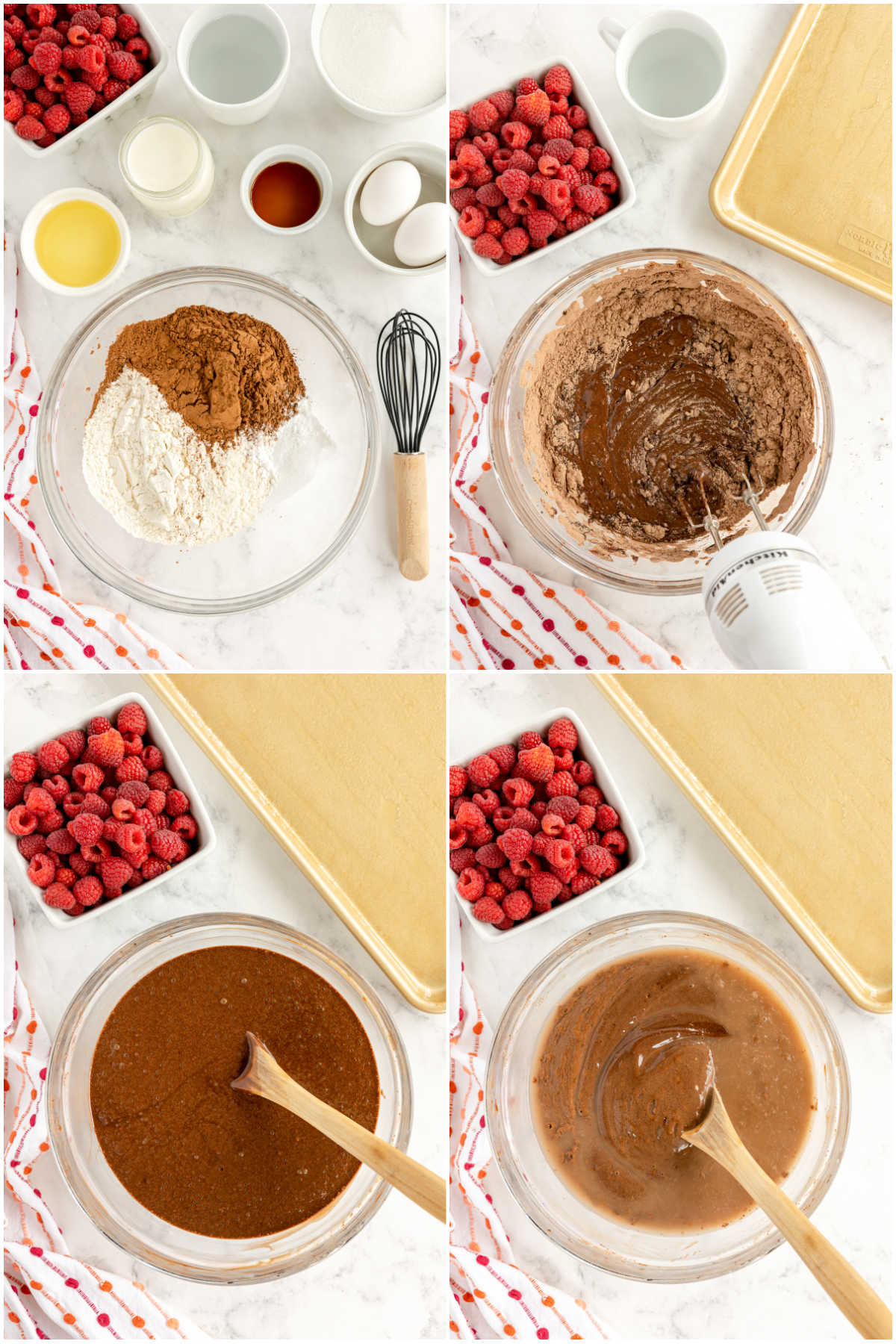 four images showing making batter for a chocolate cake