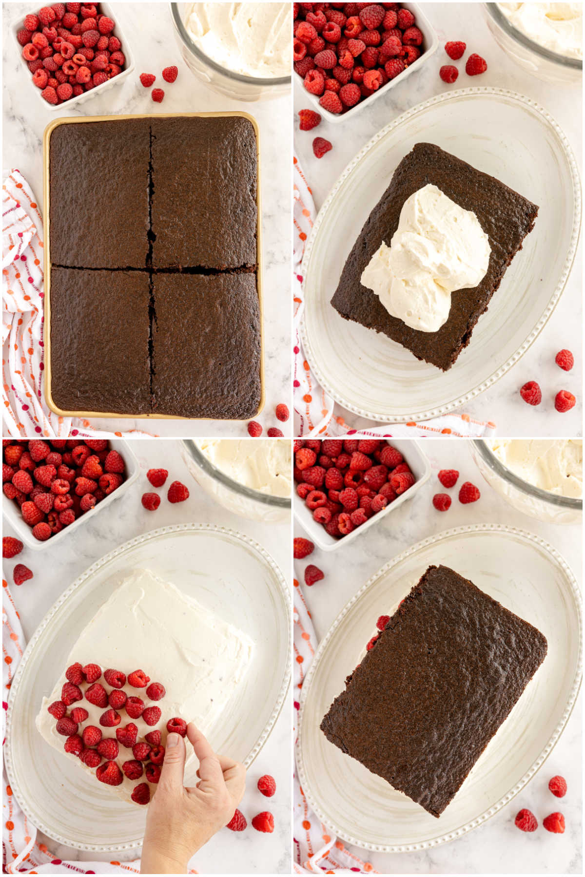 collage showing how to layer a chocolate raspberry cake