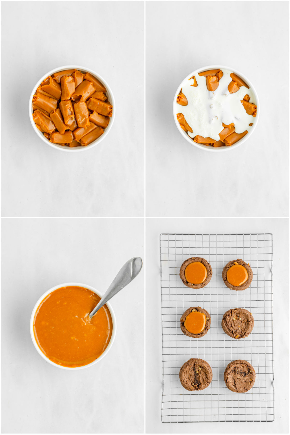 collage of images showing caramel being melted for bear paw cookies