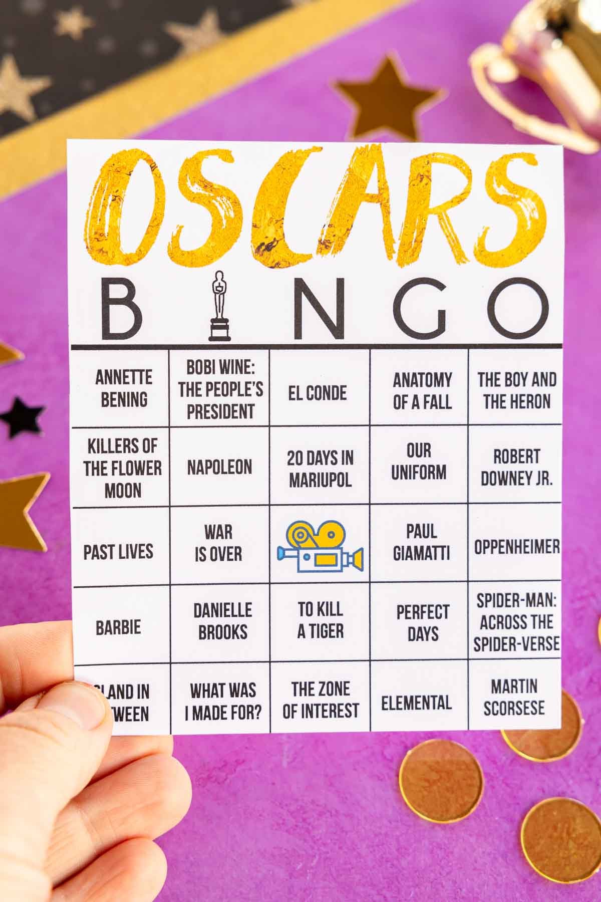 hand holding an Oscars bingo card