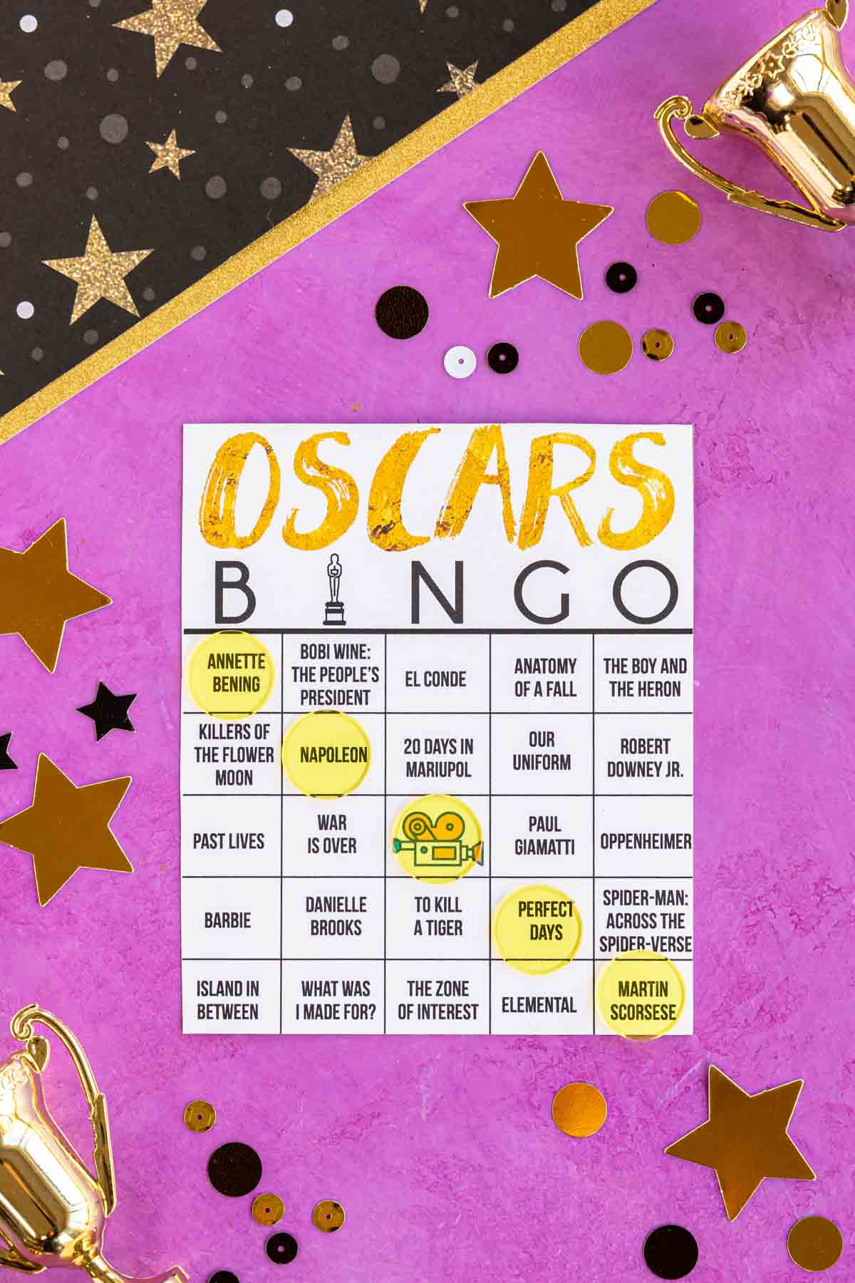 printed out Oscars bingo card 