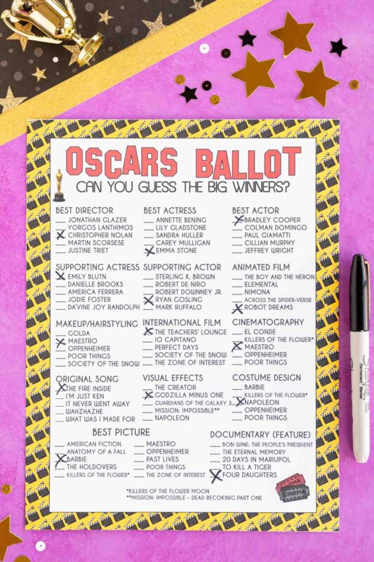 printed out 2024 Oscars ballot