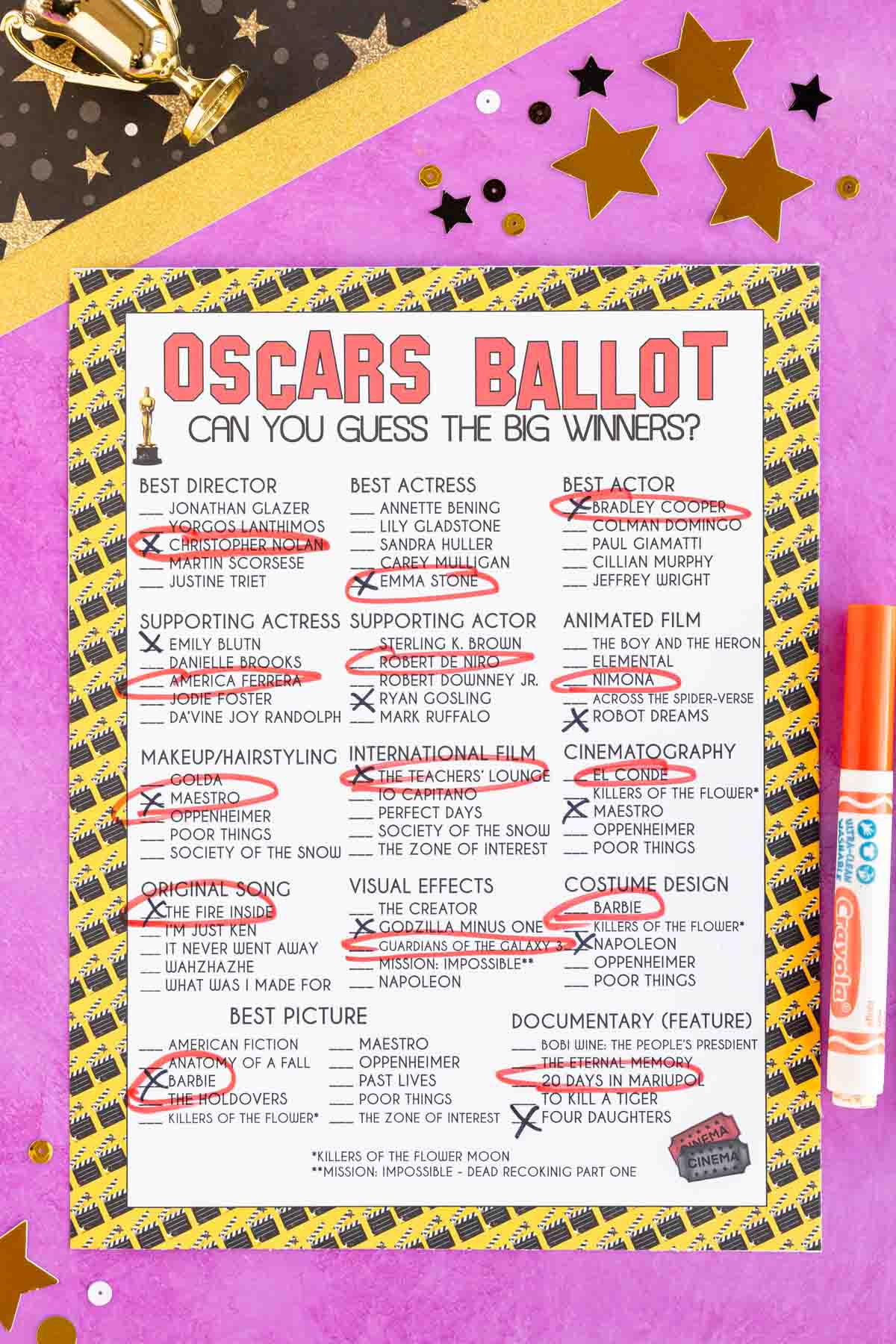 printable Oscar ballot with nominees circled