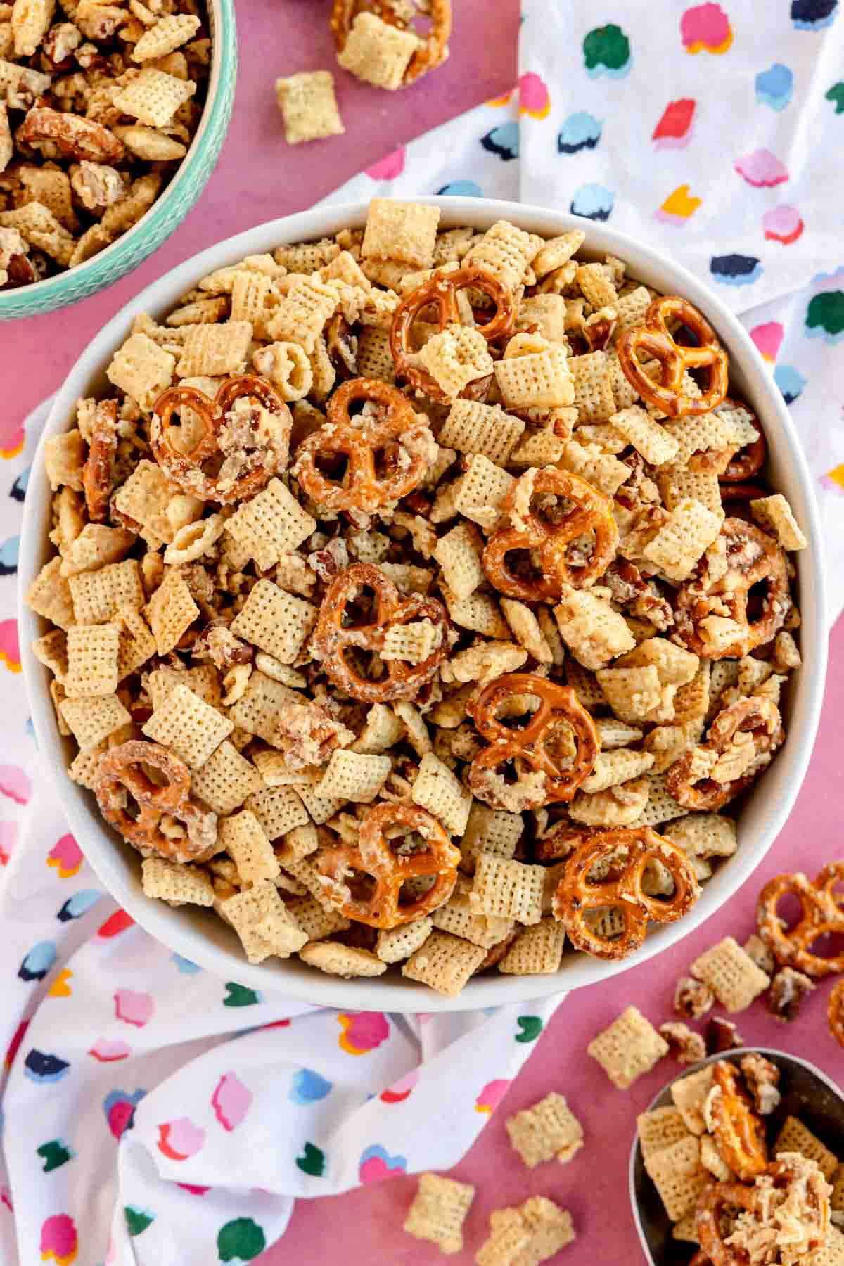 white bowl of sweet chex mix