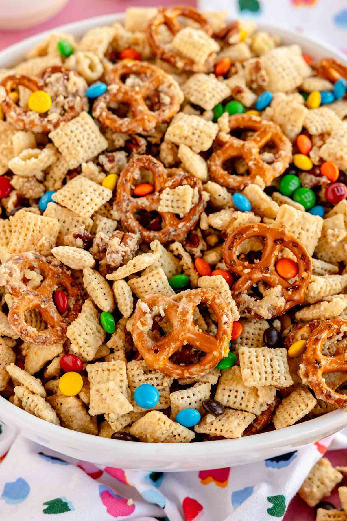 white bowl with a sweet chex mix