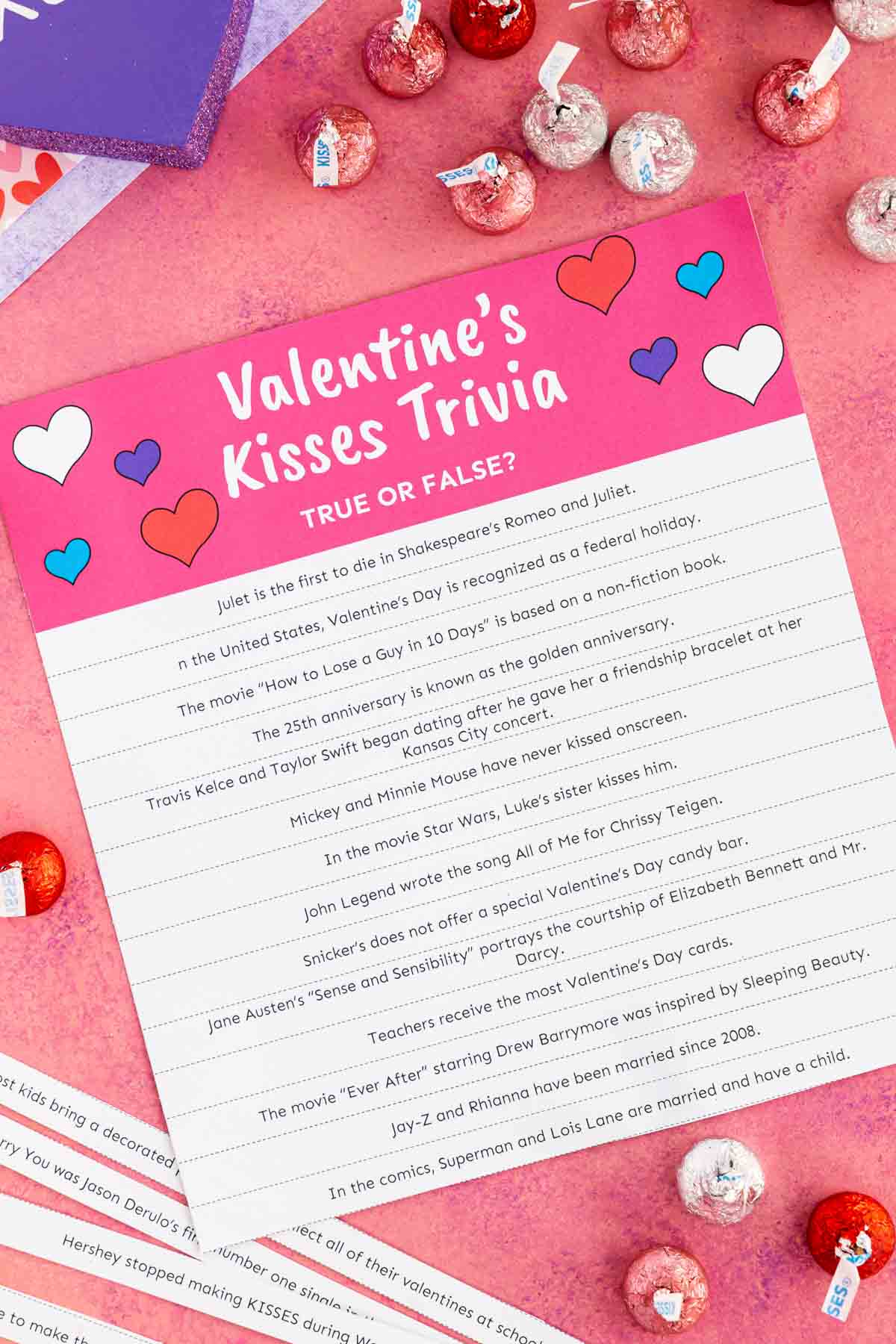 paper with a bunch of Valentine's Day trivia questions