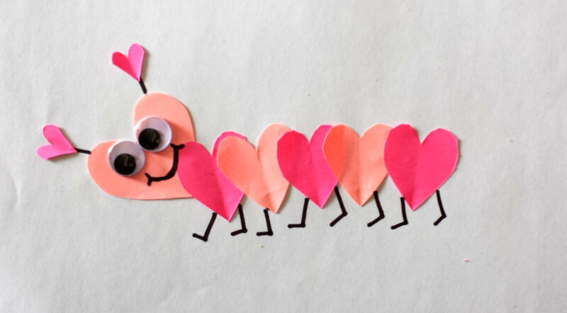 cut out hearts stuck together to form a caterpillar