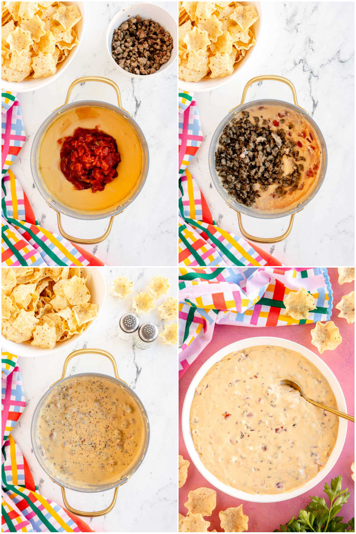 four images showing how to make velveeta sausage cheese dip