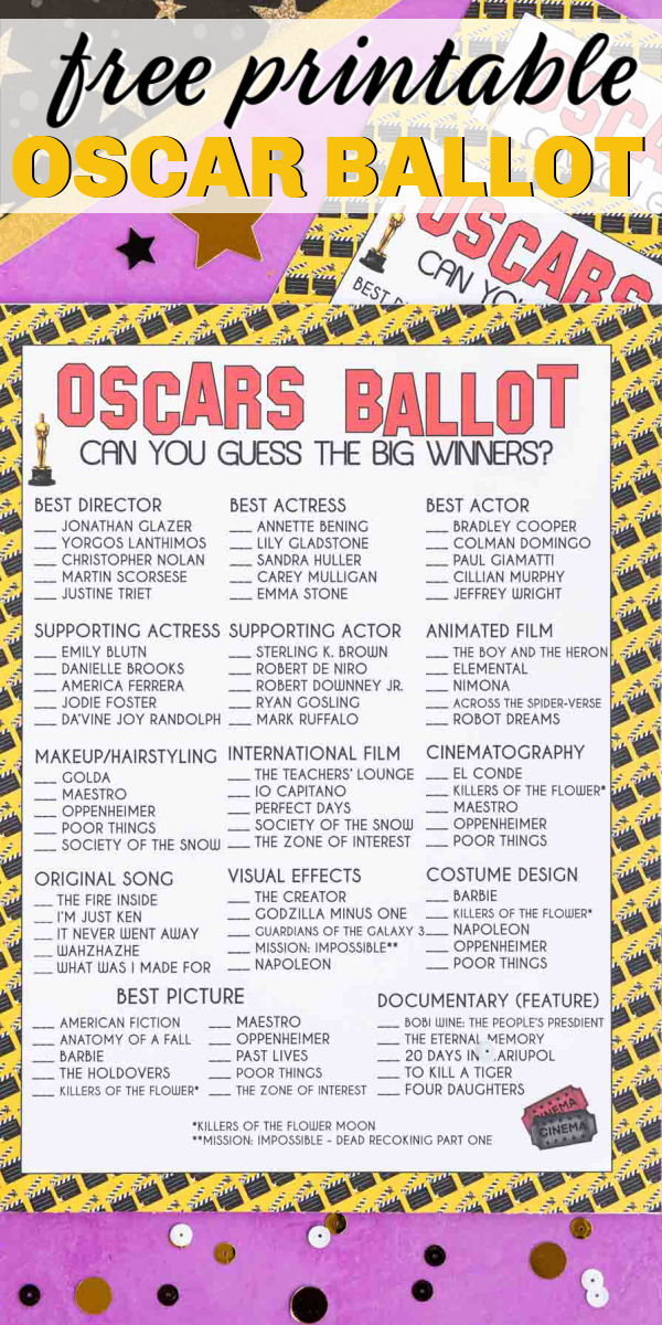Printed out 2024 Oscars nominee ballot with text on it