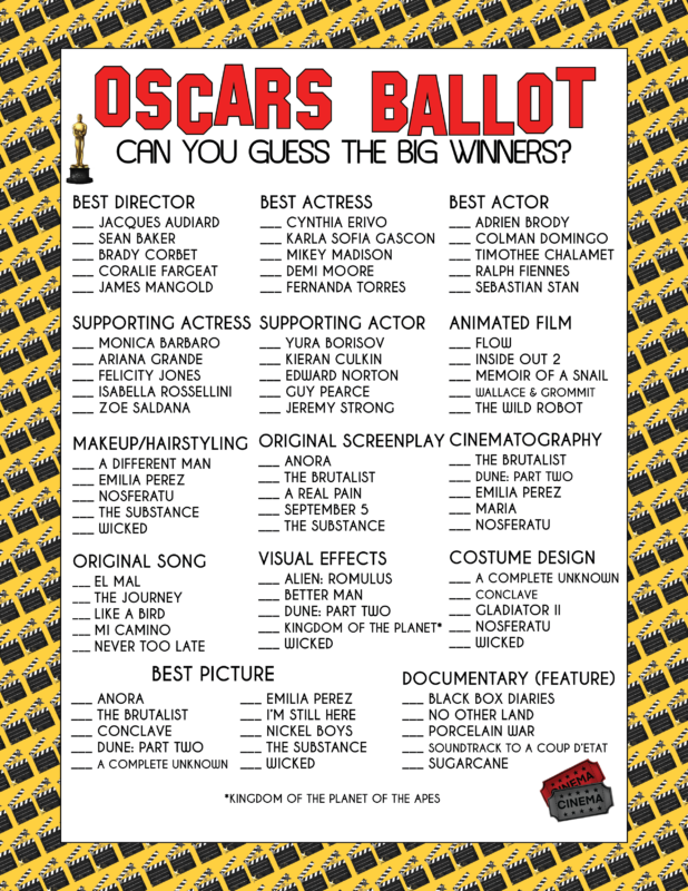 Free Printable 2025 Oscar Ballot and Nominees List Play Party Plan