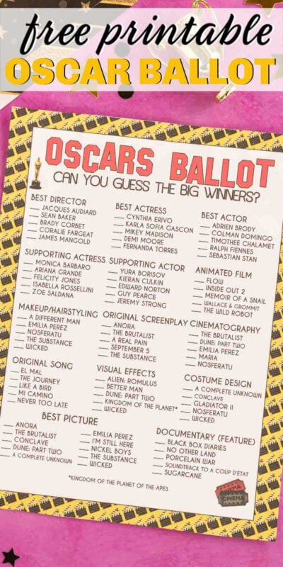 Oscar ballot with text above it say ing free printable Oscar ballot