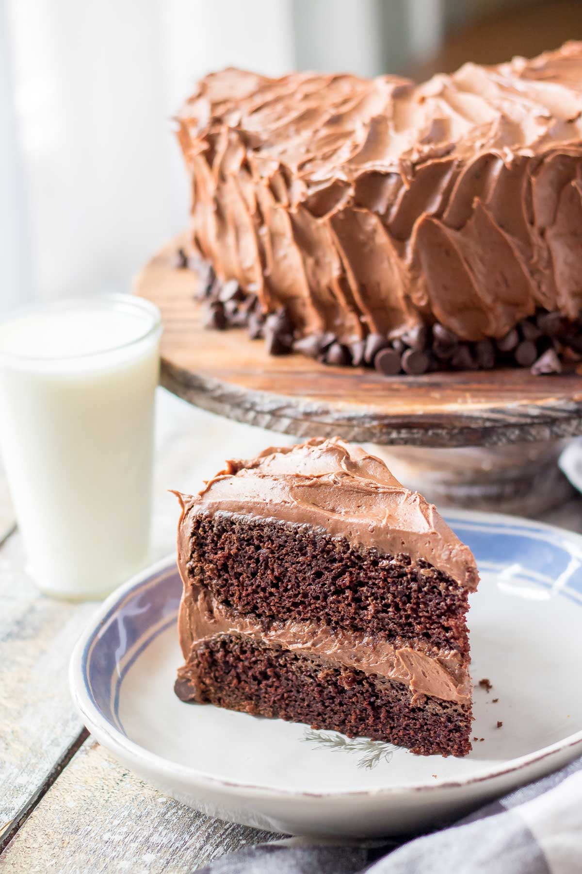 a thick slice of chocolate sour cream cake