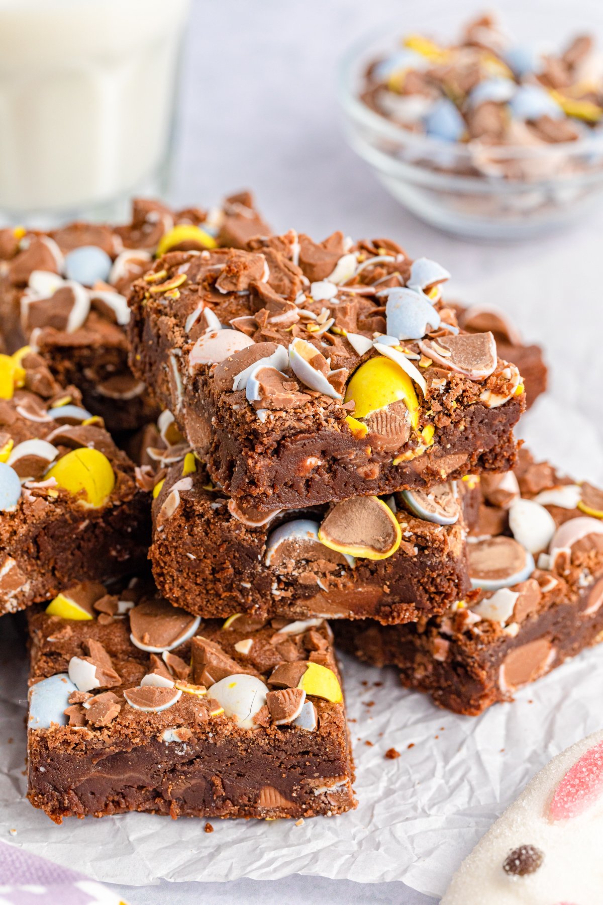 stack of Cadbury mini egg brownies