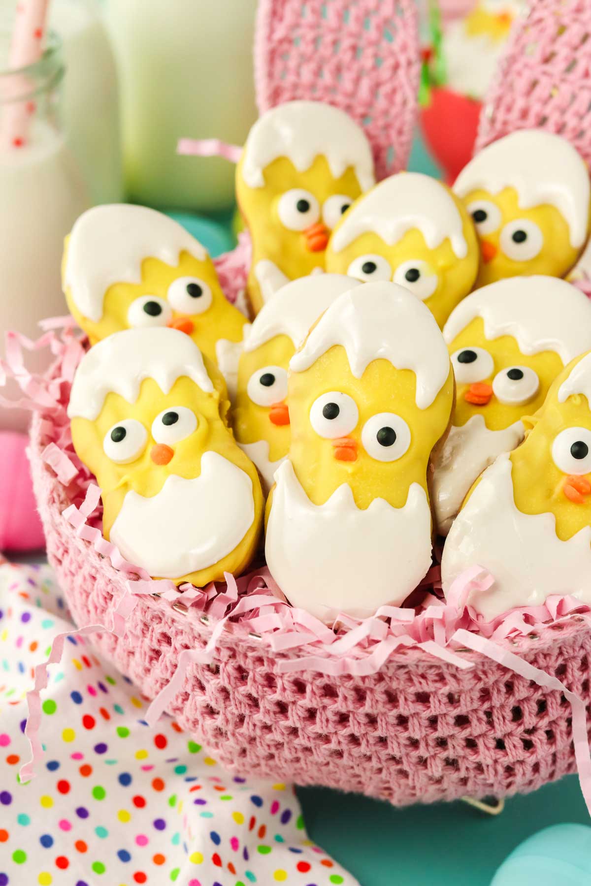 Pink Easter basket filled with nutter butter chicks