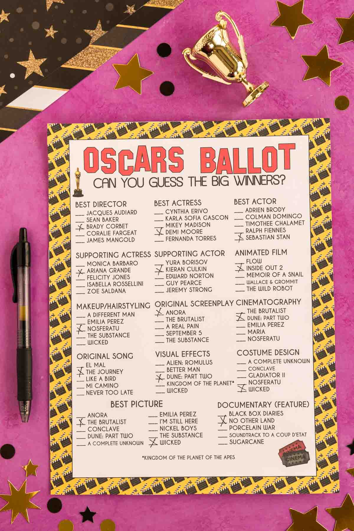 2025 Oscar ballot with guesses marked off for winners