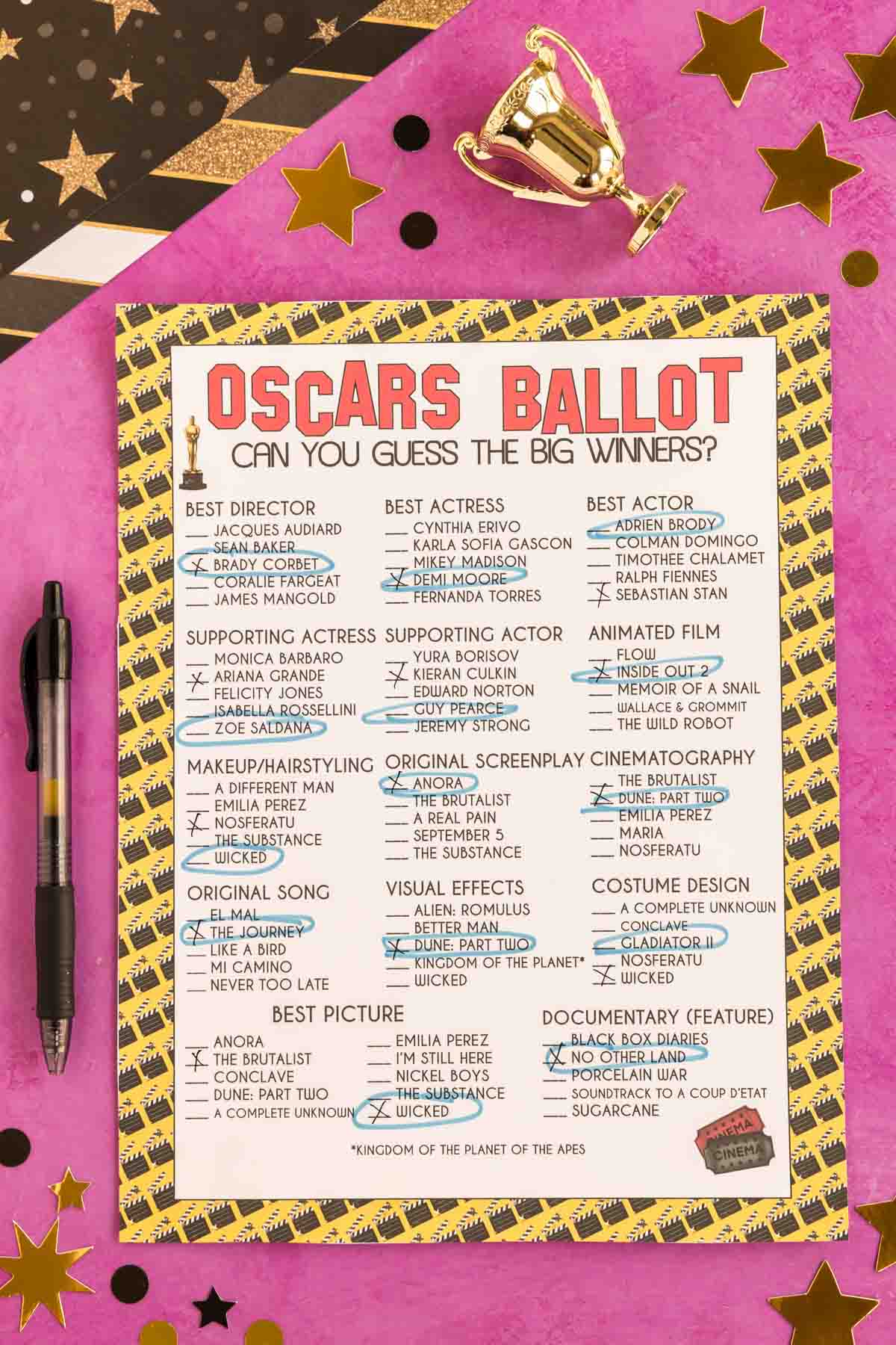 2025 Oscars nominee ballot with winners circled