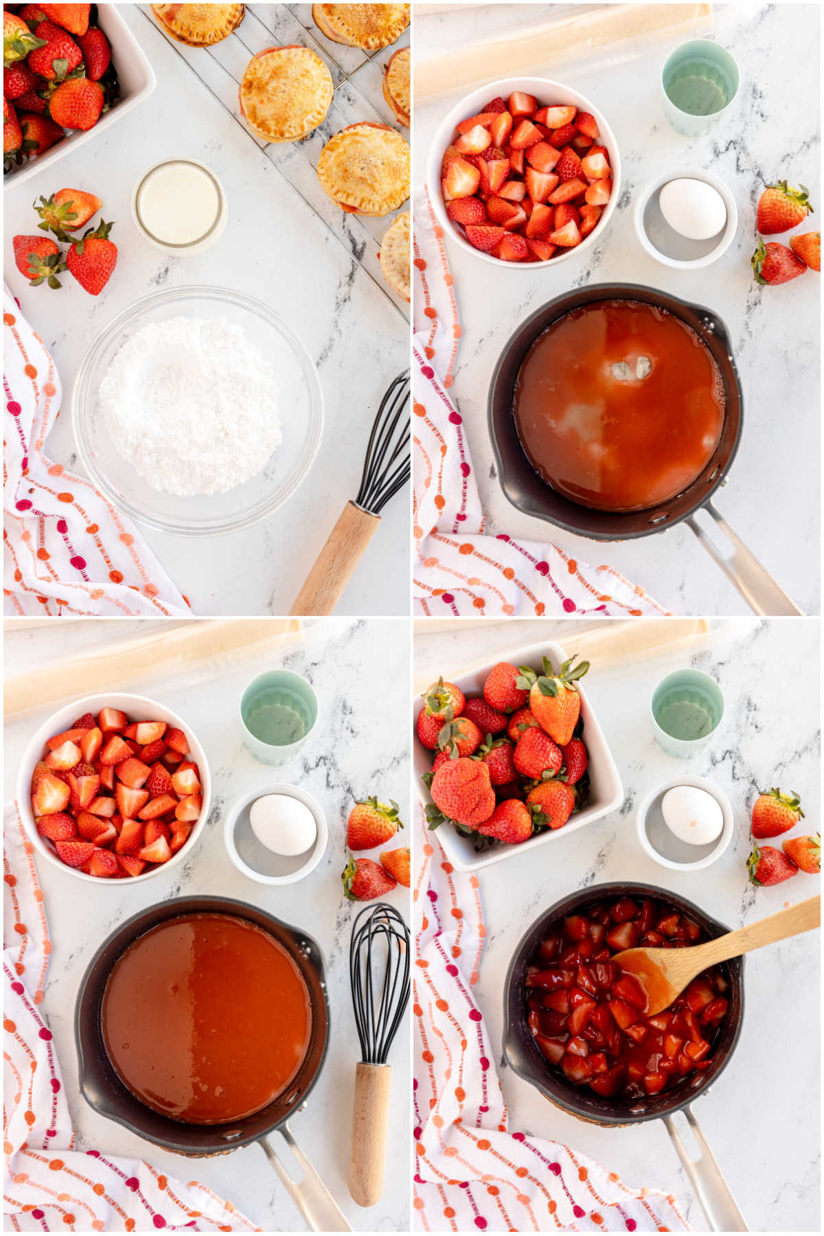 collage of photos showing making strawberry pie filling