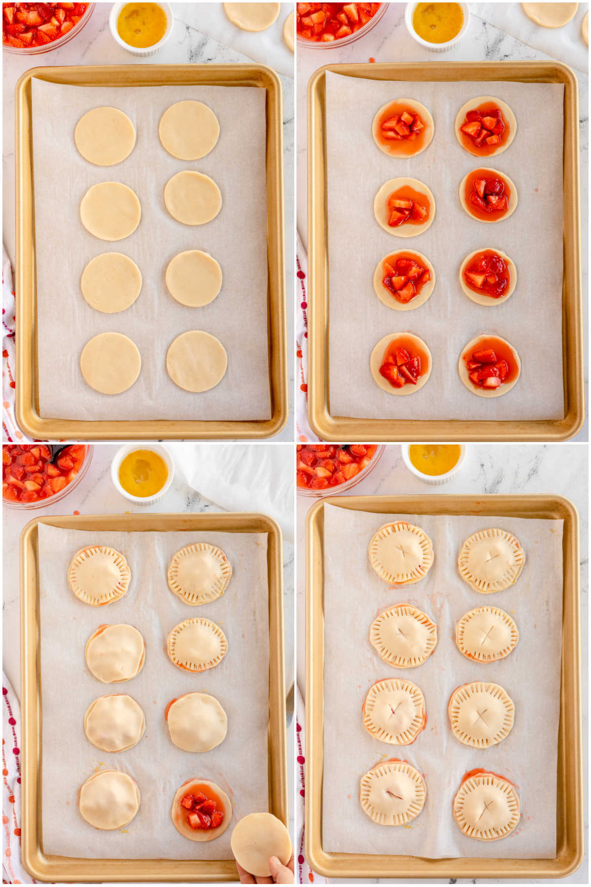 four images in a collage showing filling strawberry hand pies