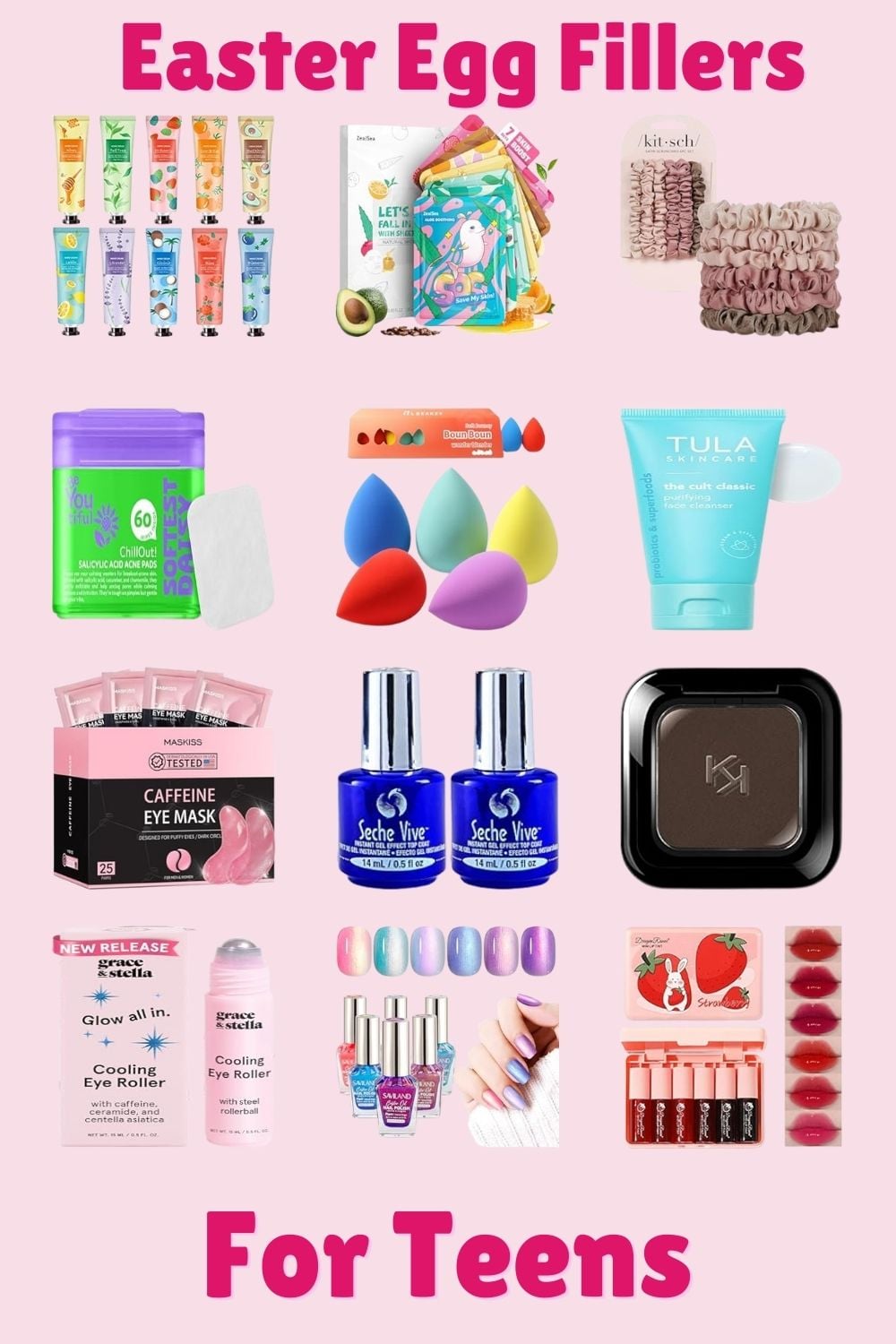 a bunch of Easter egg fillers on a pink background