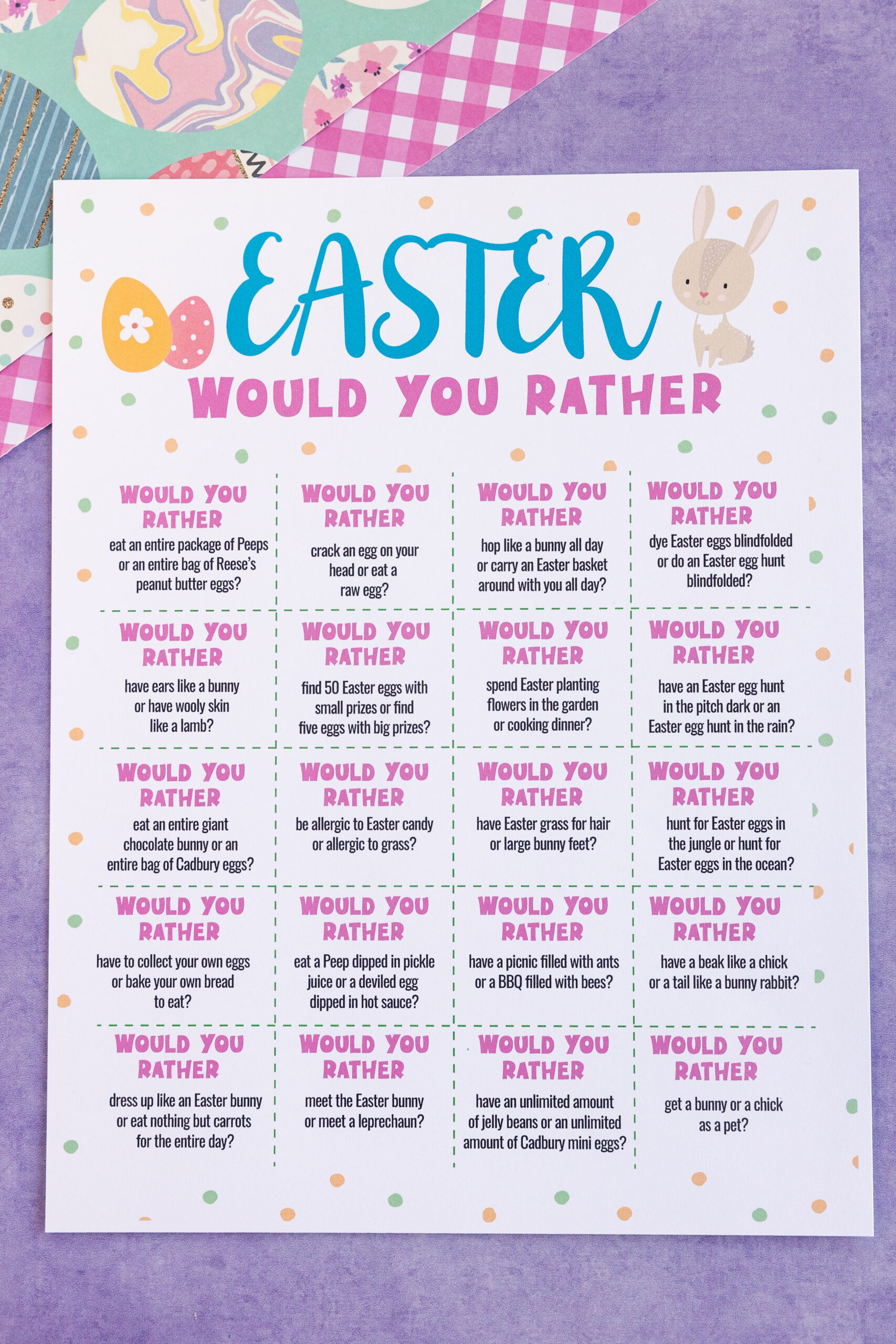 a printed out sheet of Easter would you rather questions